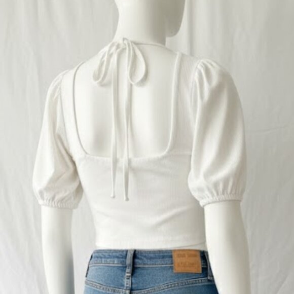 White Ribbed Crop Top – Puff Sleeve Stretch Knit Tee Size L - Picture 6 of 9